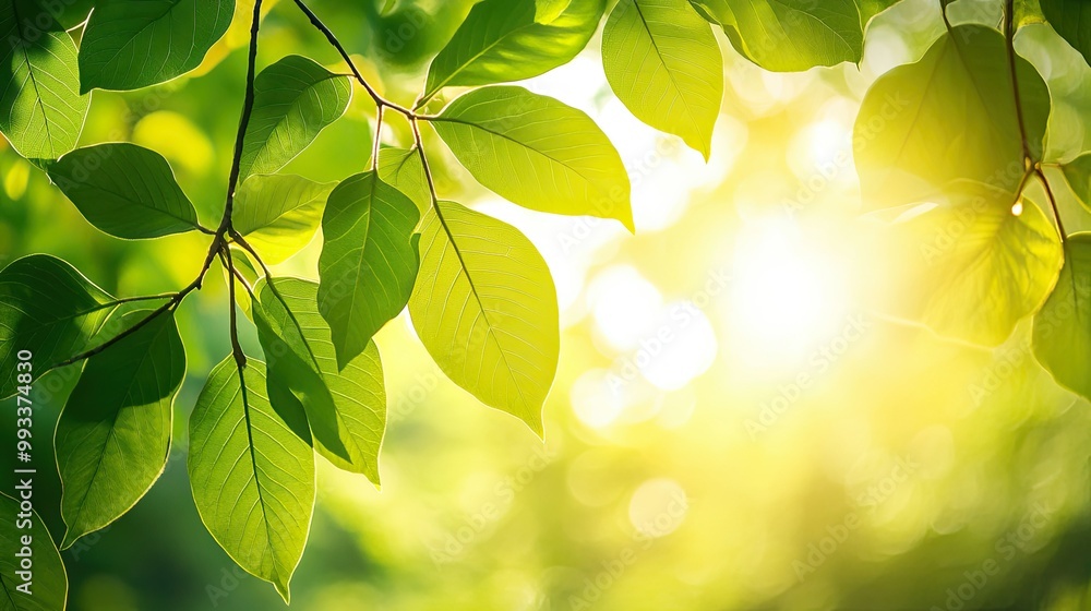 Poster warm sunlight filtering through tree leaves, creating a natural glow with ample copy space for text 