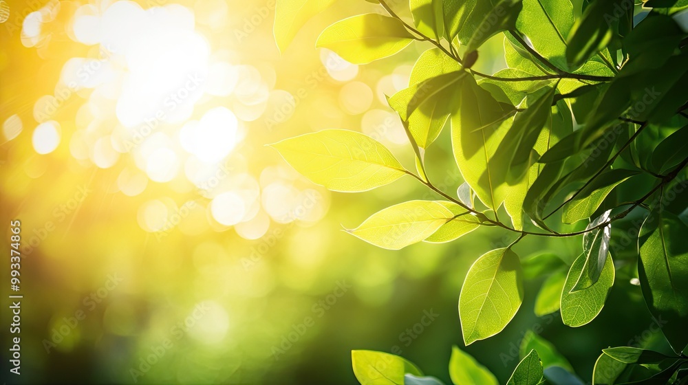 Poster warm sunlight filtering through tree leaves, creating a natural glow with ample copy space for text 
