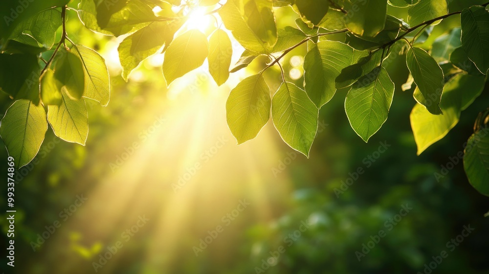 Poster warm sunlight filtering through tree leaves, creating a natural glow with ample copy space for text 