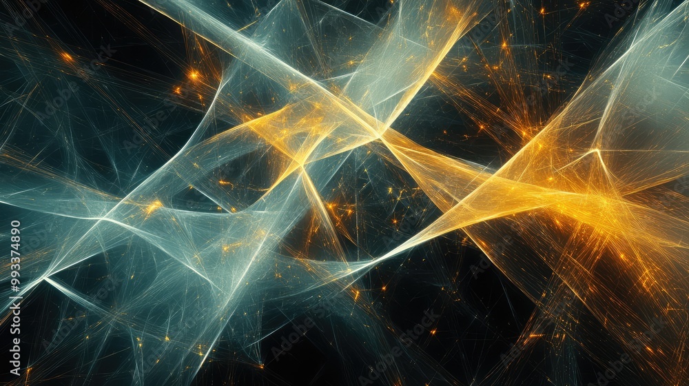 Poster abstract digital art with a web of interlocking geometric shapes, each connected by glowing, flowing