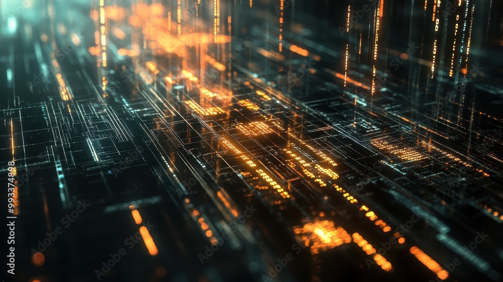 Poster abstract digital technology background with glowing lines and data streams