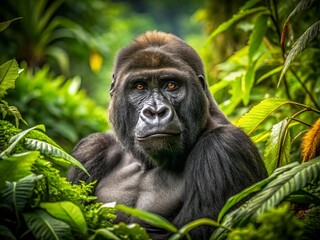 Fototapeta premium Majestic Gorilla in Lush Green Jungle Setting - Vibrant Nature Wallpaper for Wildlife Enthusiasts