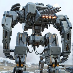 Heavy-Duty Futuristic Military Mech Equipped with Missile Launchers and Plasma Cannons, Walking Through a Futuristic Battlefield