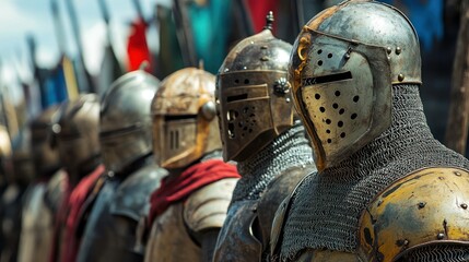 Fototapeta premium A row of medieval knights in armor with helmets and chainmail.