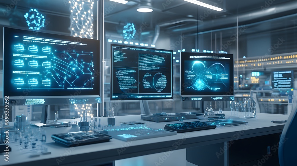 Poster modern laboratory workspace with computer monitors displaying data and medical scans