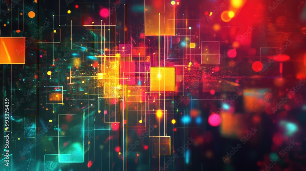 Poster abstract digital composition of layered geometric shapes in vivid colors, connected by soft lines an