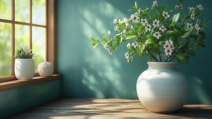 stylish product showcase featuring an elegant interior design inspiration table with a lush green plant and a white vase creating a harmonious and inviting aesthetic