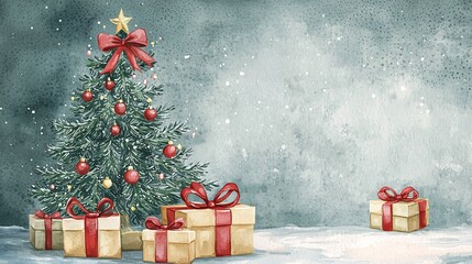 A festive scene featuring a decorated Christmas tree with gifts beneath it, set against a soft, wintery backdrop.