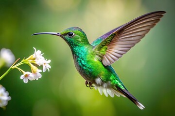 Obraz premium A vibrant green hummingbird with iridescent feathers hovers in mid-air, its tiny wings beating rapidly as it sips nectar from a delicate white flower.