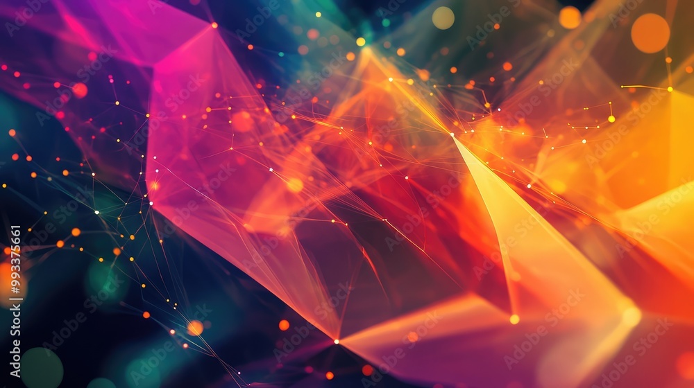 Poster abstract digital composition of layered geometric shapes in vivid colors, connected by soft lines an