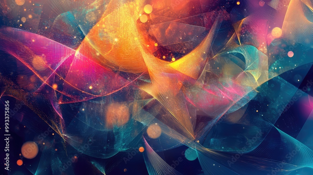 Poster abstract digital composition of layered geometric shapes in vivid colors, connected by soft lines an