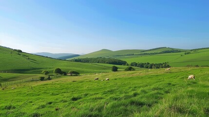 In a peaceful countryside, rolling green hills stretch beneath a clear blue sky, where sheep graze contentedly in the fields.