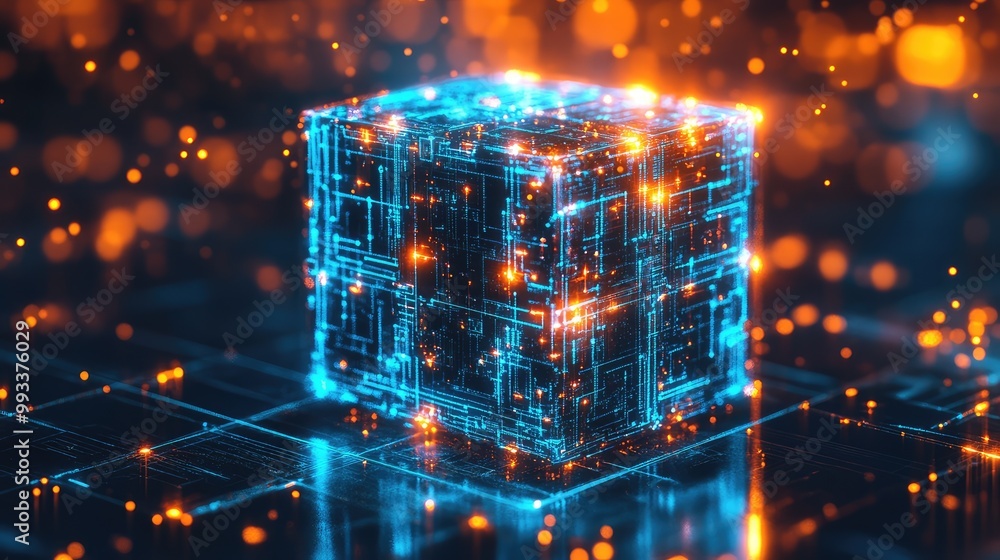 Poster abstract digital cube with glowing blue and orange circuits, representing the core of a high-tech ne