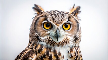 A detailed image of an isolated owl with a white background captured from a worm s eye view, nature, nocturnal, eyes, symbol, perch, predator, feather, camouflaged, wildlife conservation