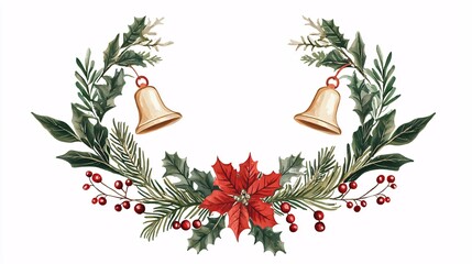 A festive wreath featuring golden bells, holly, pine, and a red poinsettia, perfect for holiday decorations.