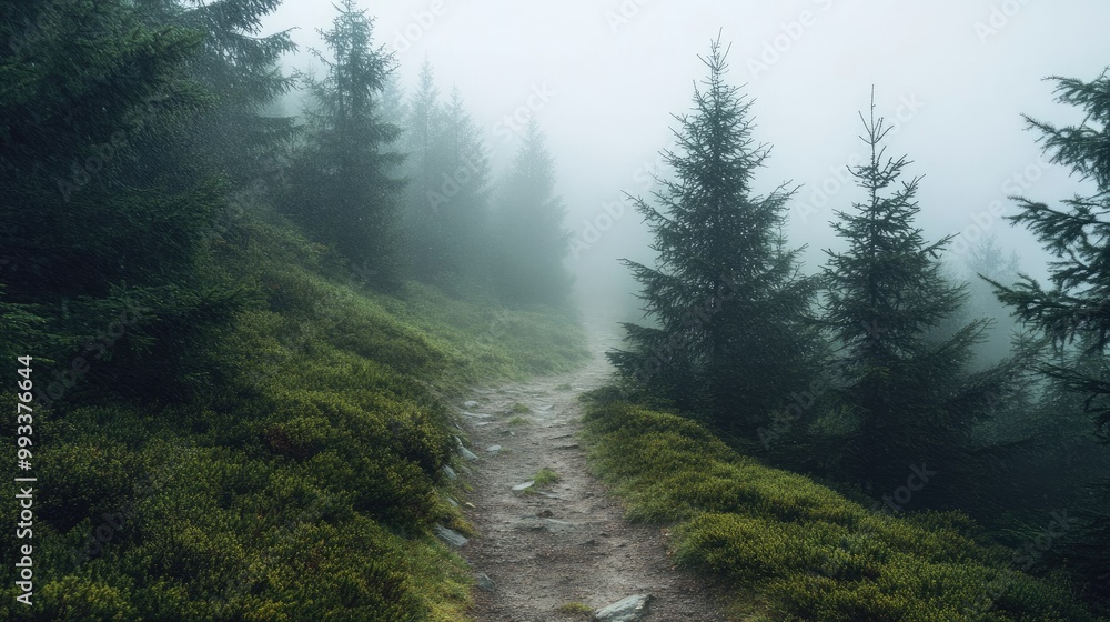 Poster a misty mountain path through the dense forest, with space for text in the open sky and mist
