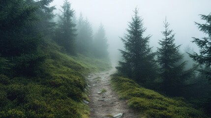 Obraz premium A misty mountain path through the dense forest, with space for text in the open sky and mist