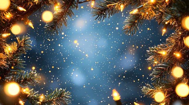 A festive scene featuring a snowy, blue background framed by twinkling lights and evergreen branches, evoking a magical winter atmosphere.