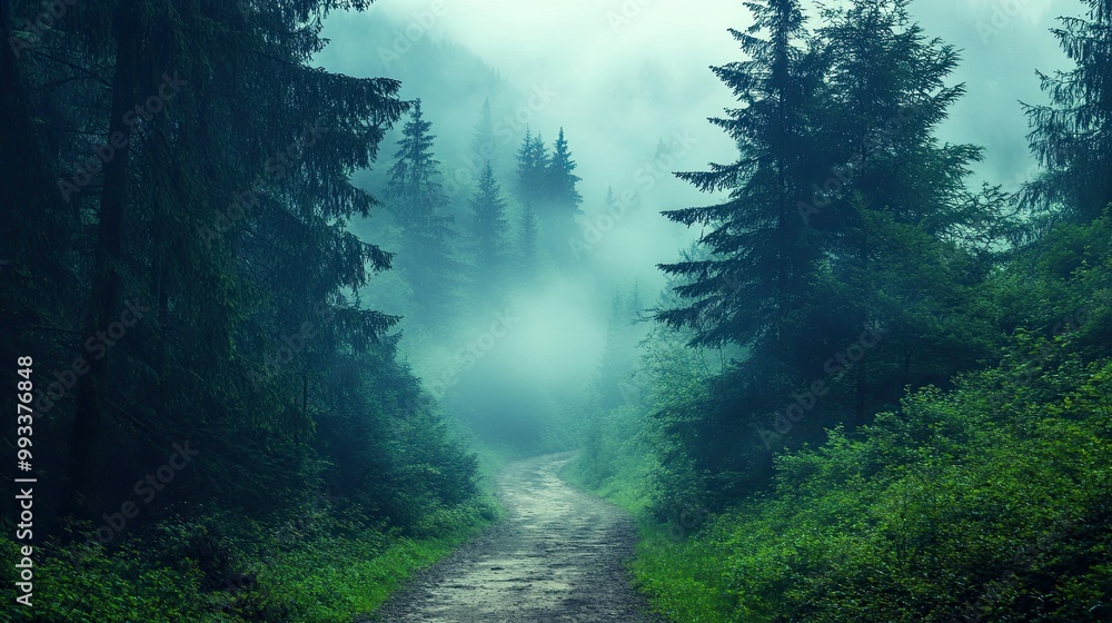 Poster a misty mountain path through the dense forest, with space for text in the open sky and mist