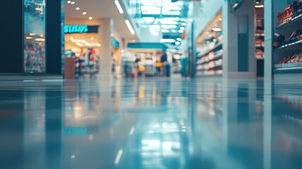 Empty modern shopping mall corridor with stores on both sides