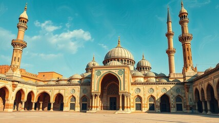 Fototapeta premium Architectural splendor of a historic mosque with intricate stone carvings, majestic minarets, and serene Islamic calligraphy adorning its prayer hall, set amidst a picturesque desert landscape.