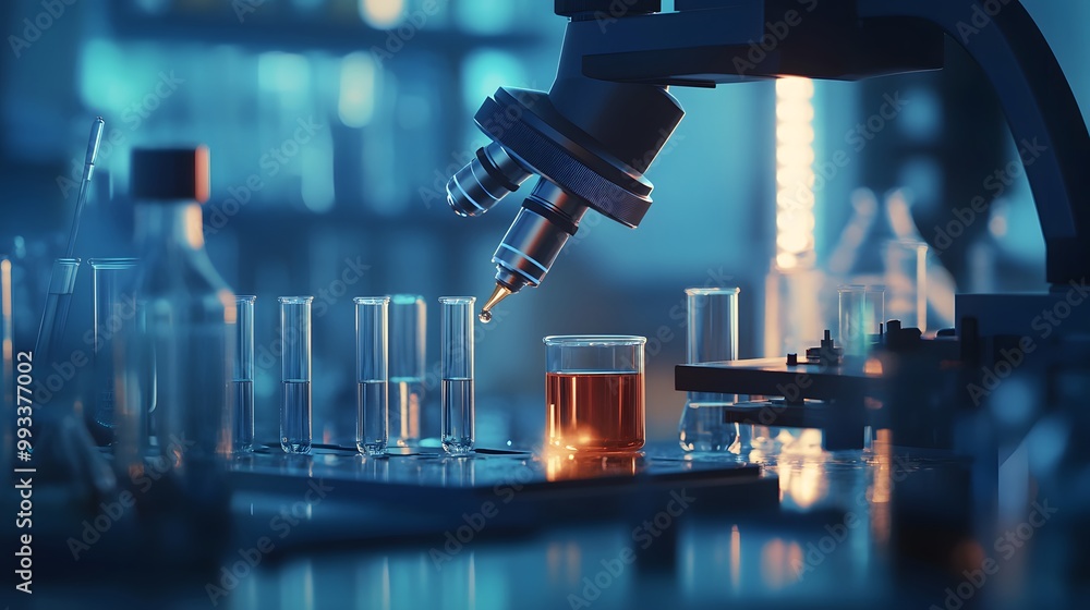 Poster microscope dropping liquid into beaker in a lab