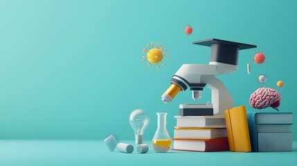 Microscope with Graduation Cap, Brain, and Virus Models on a Turquoise Background