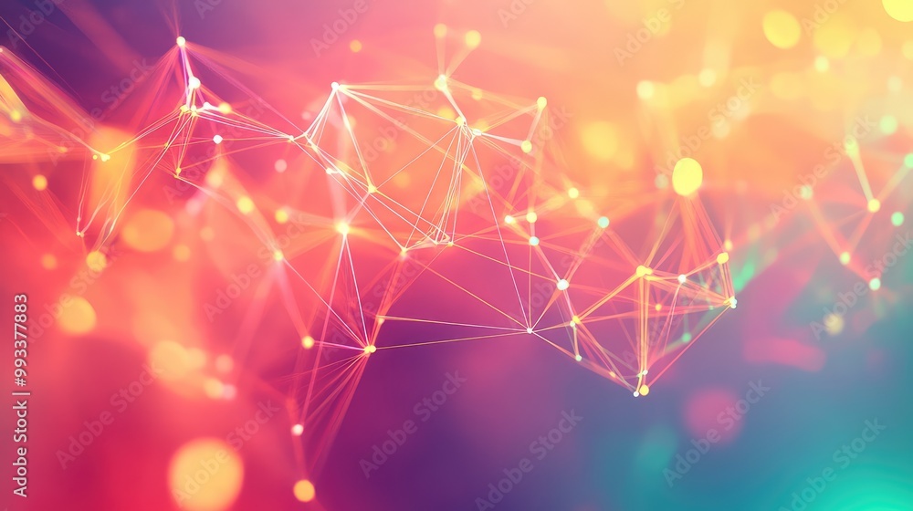 Poster abstract digital illustration of interconnected polygonal shapes floating in a colorful, gradient-fi