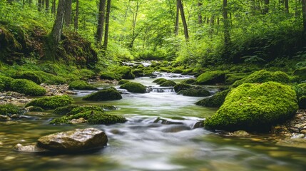 Obraz premium A peaceful forest stream flowing through mossy rocks, with space for text in the greenery