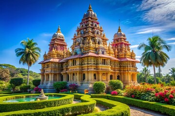 Obraz premium Majestic Hindu Temple Architecture Surrounded by Lush Greenery and Clear Blue Sky in Tranquil Setting