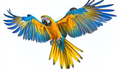 A vibrant blue and yellow macaw with its wings spread wide against a white background. © B 7 YOU