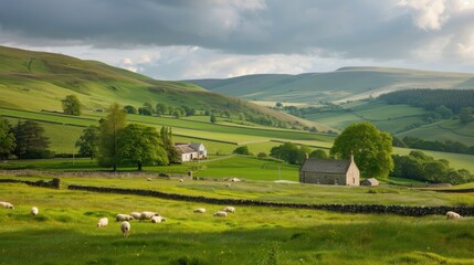 In a peaceful countryside, rolling green hills embrace grazing sheep, while a quaint farmhouse stands gracefully in the distance.