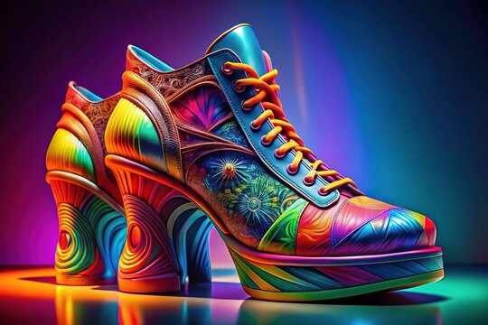 In a satirical, vibrant world, shoes sport whimsical designs and bold colors, showcasing a playful rebellion against conventional fashion trends and societal expectations.