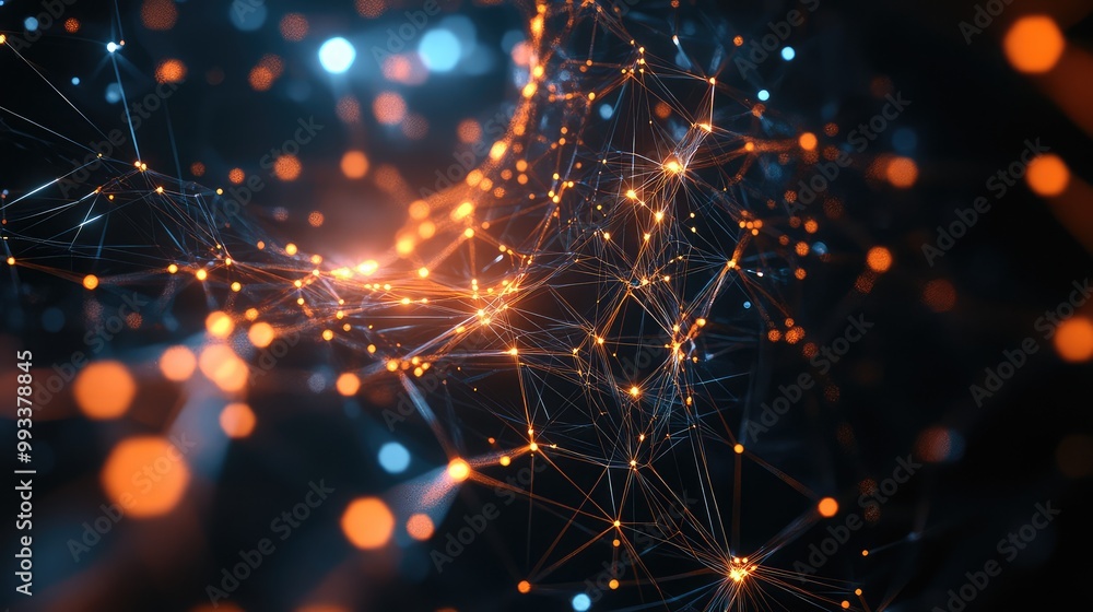 Poster abstract digital mesh of hexagons and triangles, connected by glowing threads that form a complex ge
