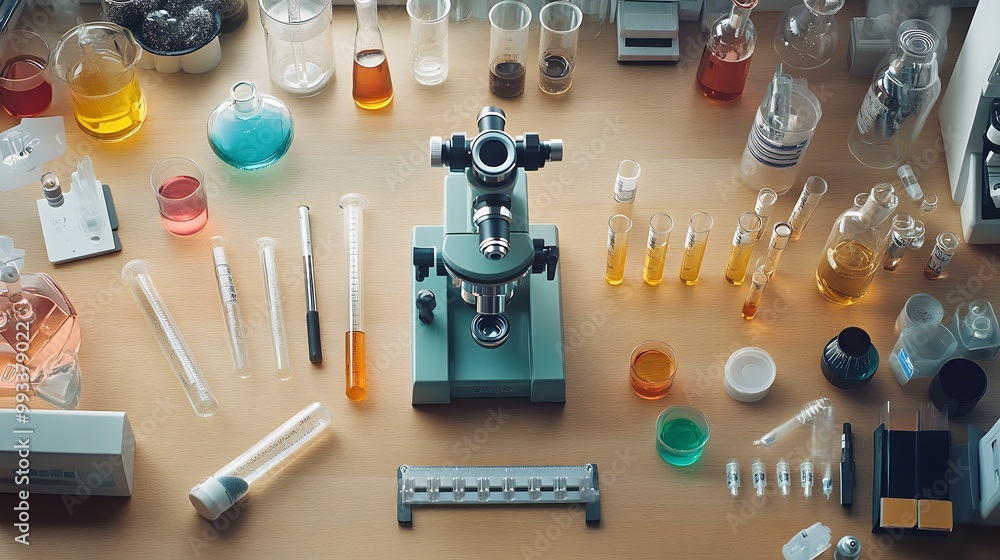 Poster a top view of a laboratory workspace with a microscope and various chemical apparatus