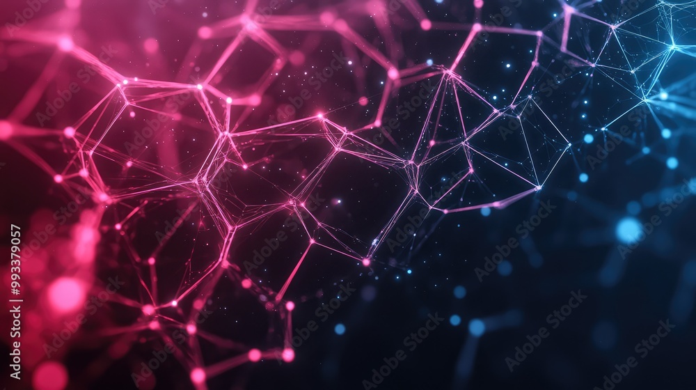 Poster abstract digital mesh of hexagons and triangles, connected by glowing threads that form a complex ge