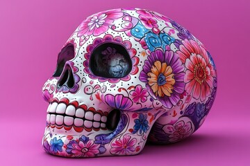 Sugar skull for the day of the dead on a minimalistic purple background, mexican culture