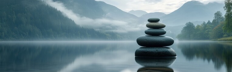Balanced stones on serene lakeside with misty mountain background
