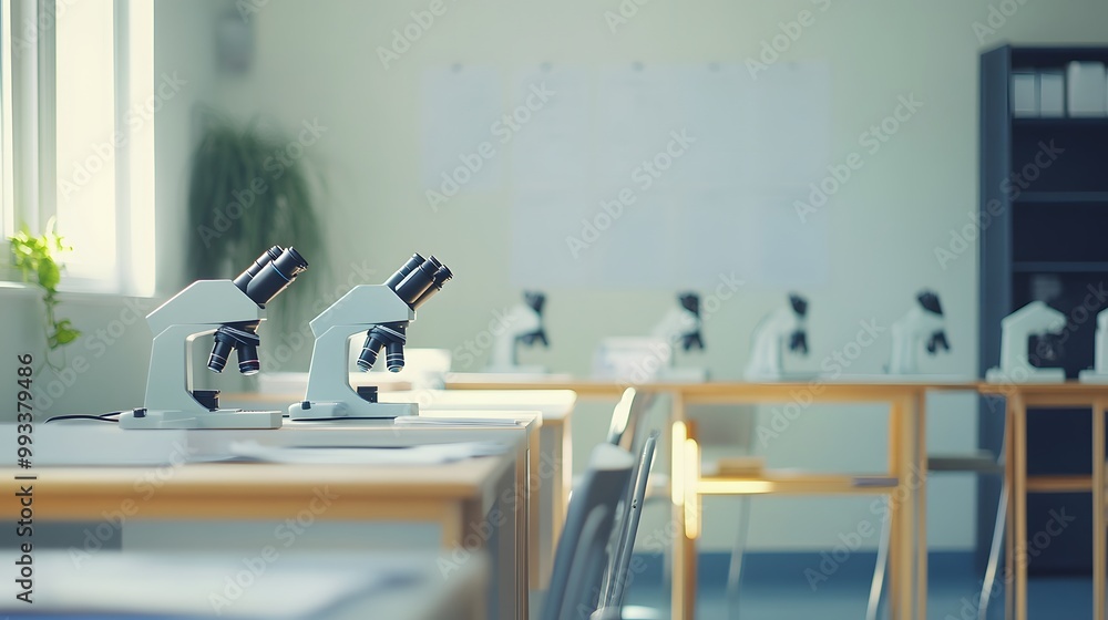 Poster two microscopes on a table in a science classroom