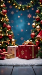 A detailed 3D scene showcasing festive Christmas decorations as a holiday-themed backdrop
