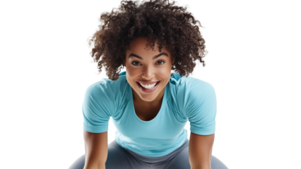 woman with curly hair Wear exercise clothes in the gym. Have a bright pink smiling face, indicating good health and good mood.