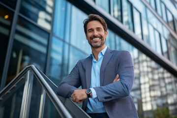 A smiling man in a gray suit is standing near a modern building, arms crossed