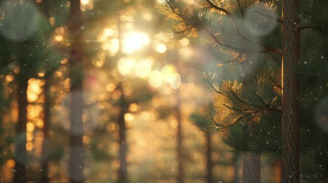 Pine plants with a blurry forest background with sunlight shining very brightly