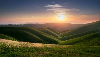 A serene landscape with soft hills and sunset