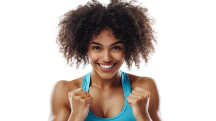 woman with curly hair Wear exercise clothes in the gym. Have a bright pink smiling face, indicating good health and good mood.