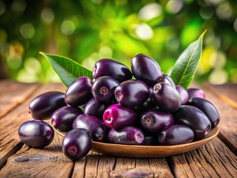 Purple jamun fruit is beautifully arranged on a wooden table, standing out against a soft focus background of warmth and gentle hues.