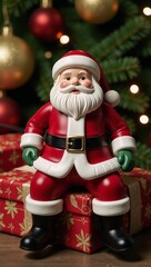 A photorealistic 3D portrait features Santa Claus with his signature red suit and hat sitting next to a festive gift box