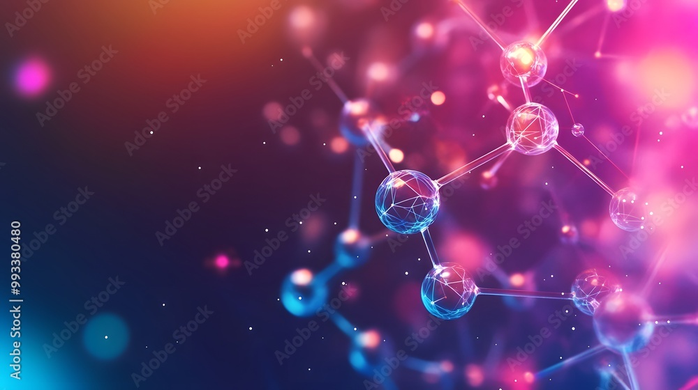 Poster abstract representation of a molecular structure with glowing spheres