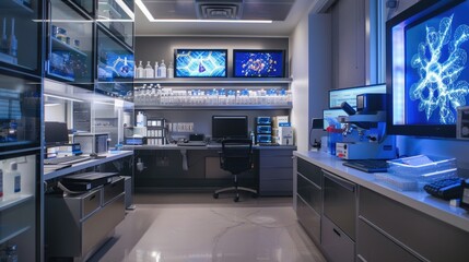 A well-equipped and organized office with a nanotechnology lab and atomic-scale engineering