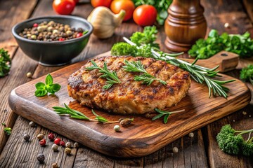 Sizzling cutlet emerges from smoky grill, crispy sear glistening on tender meat, surrounded by fresh herbs on rustic cutting board, savory aromas wafting up.